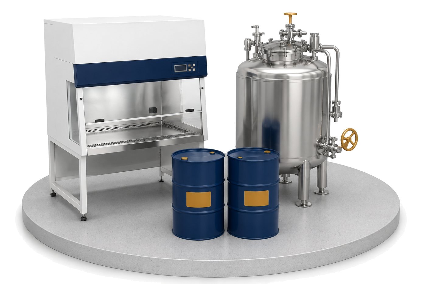 GMP compliance support — biosafety cabinet, process tank, and chemical drums