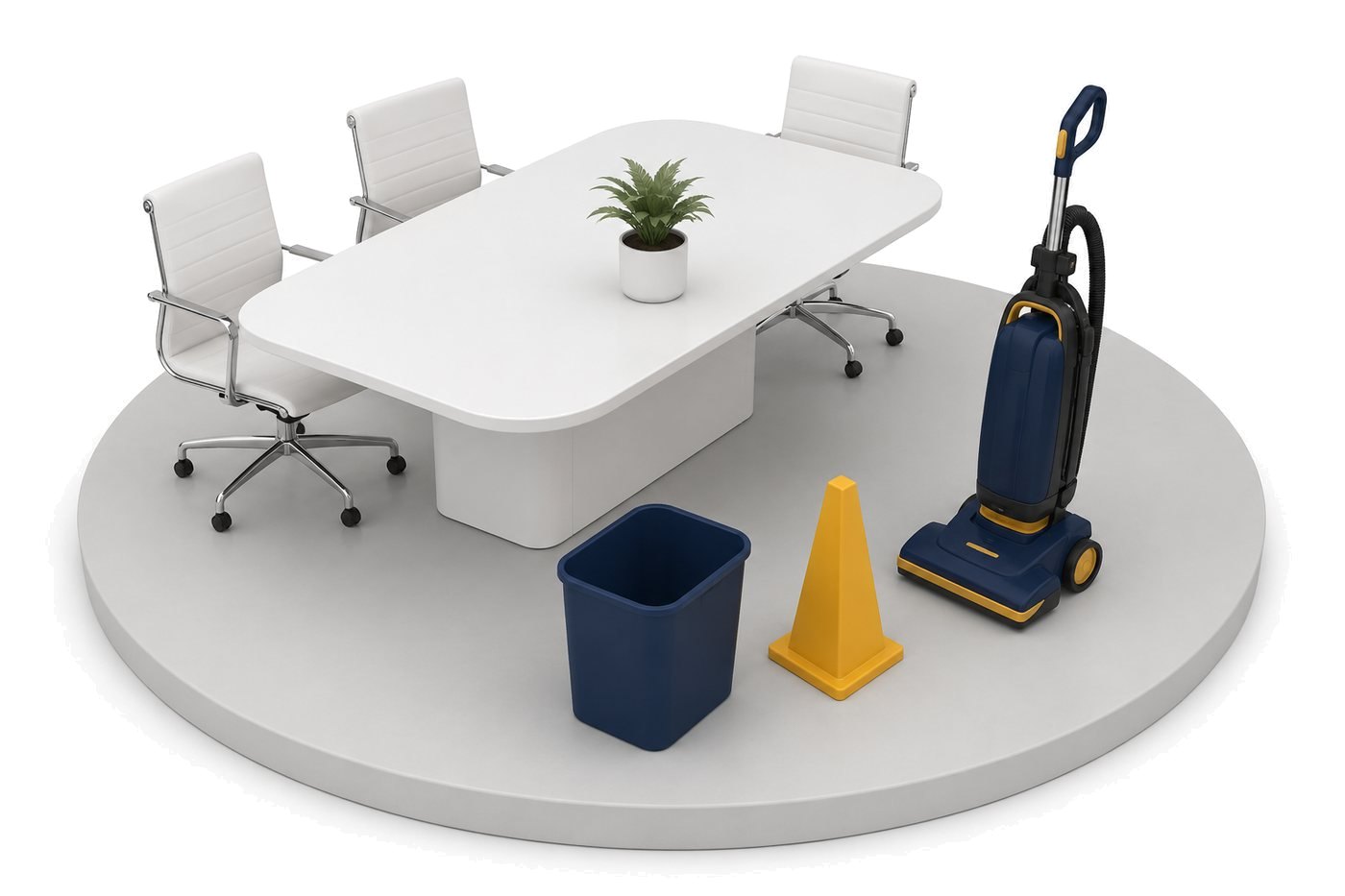 Core janitorial — office conference room with vacuum and floor cone