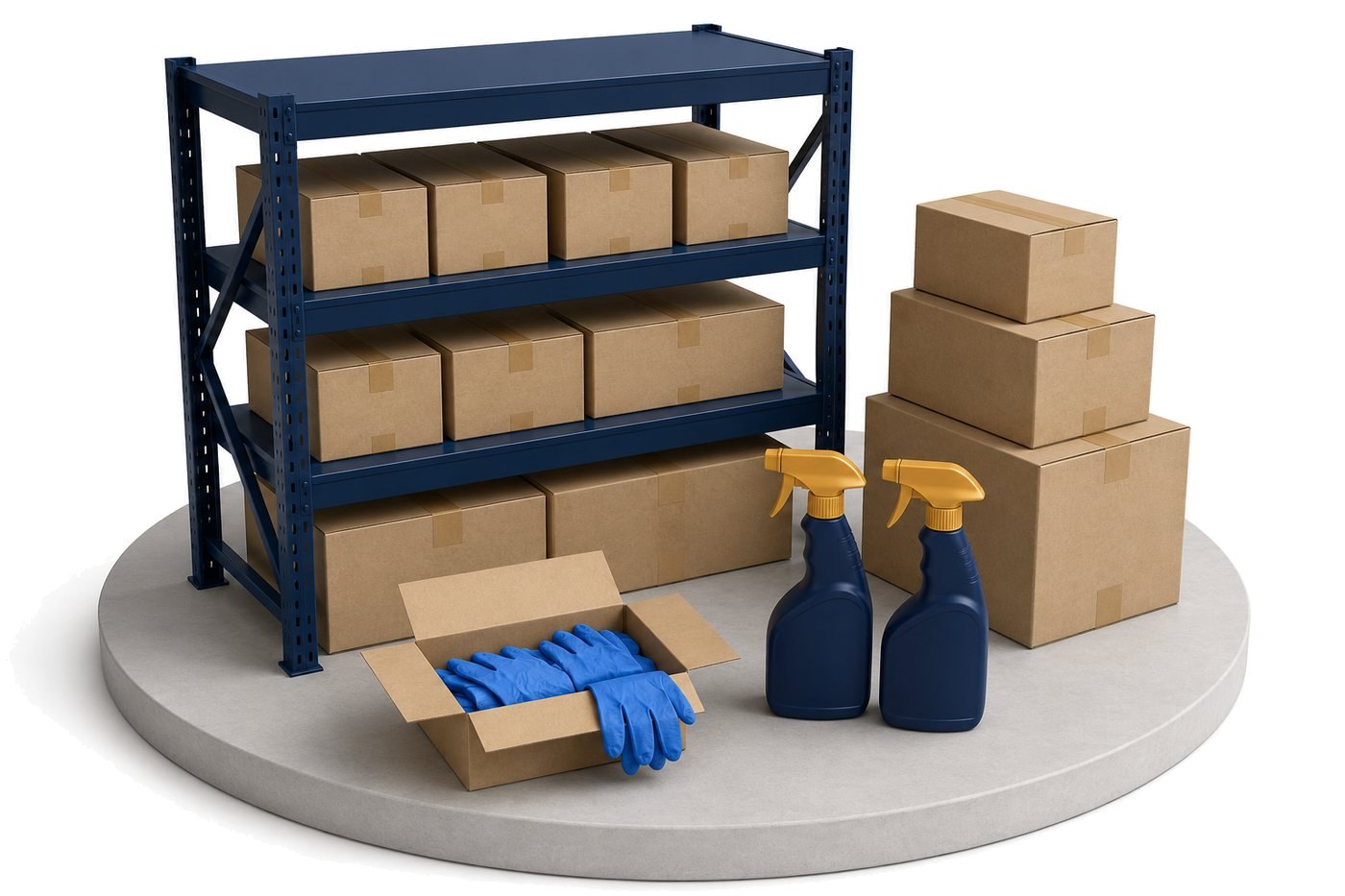 PPE and supplies — stocked shelving, gloves, and spray bottles