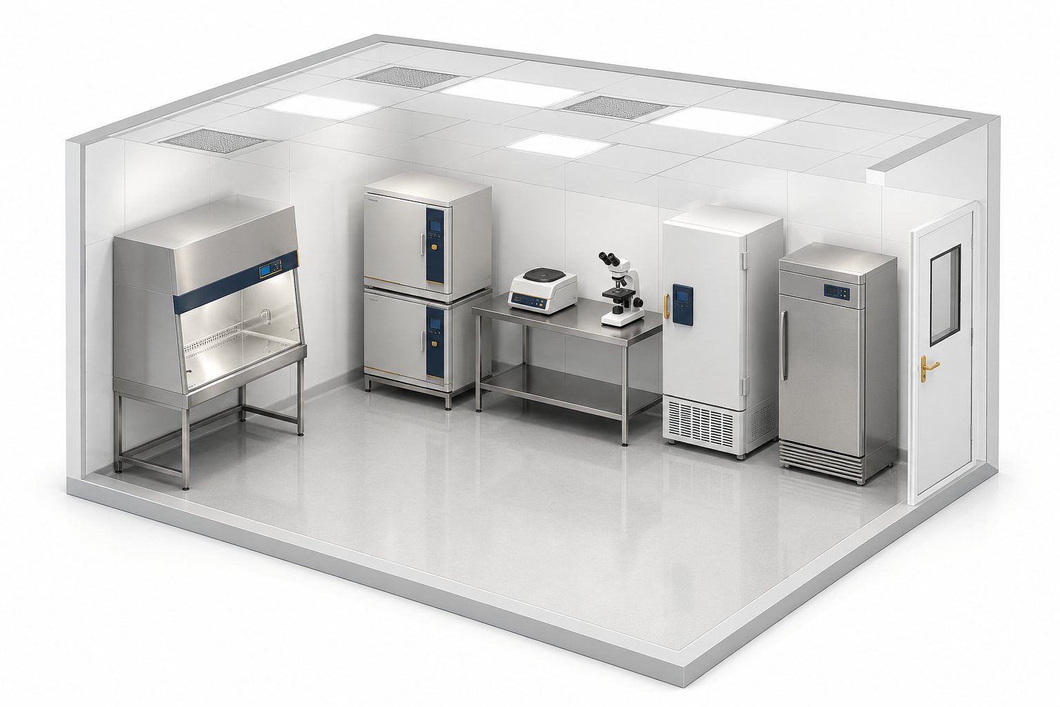Cutaway view of a cGMP cell-banking cleanroom with cleaning callout points on each surface and instrument